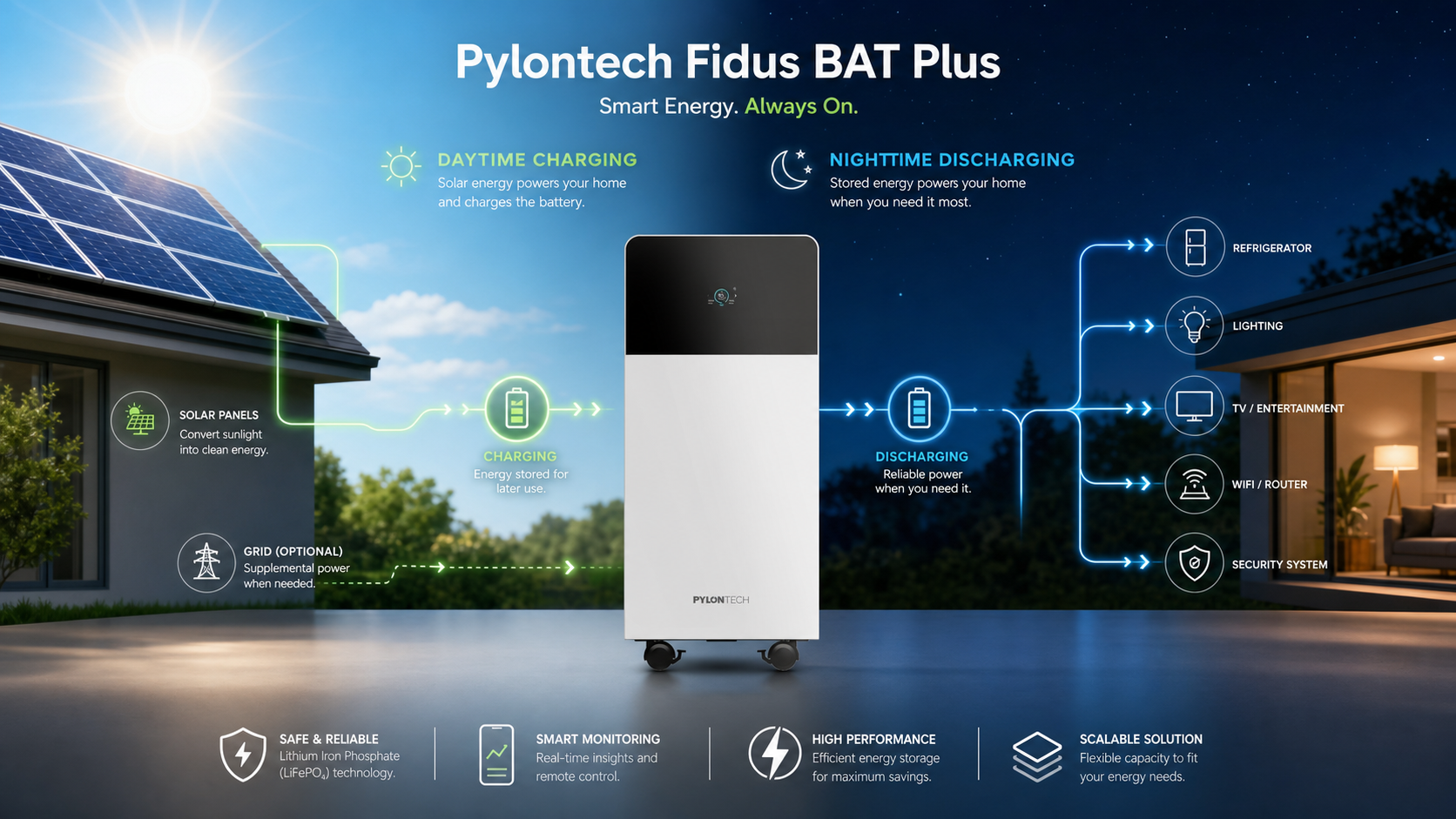 Energy flow diagram showing the Pylontech Fidus Plus FB-L-16 in a residential solar storage system