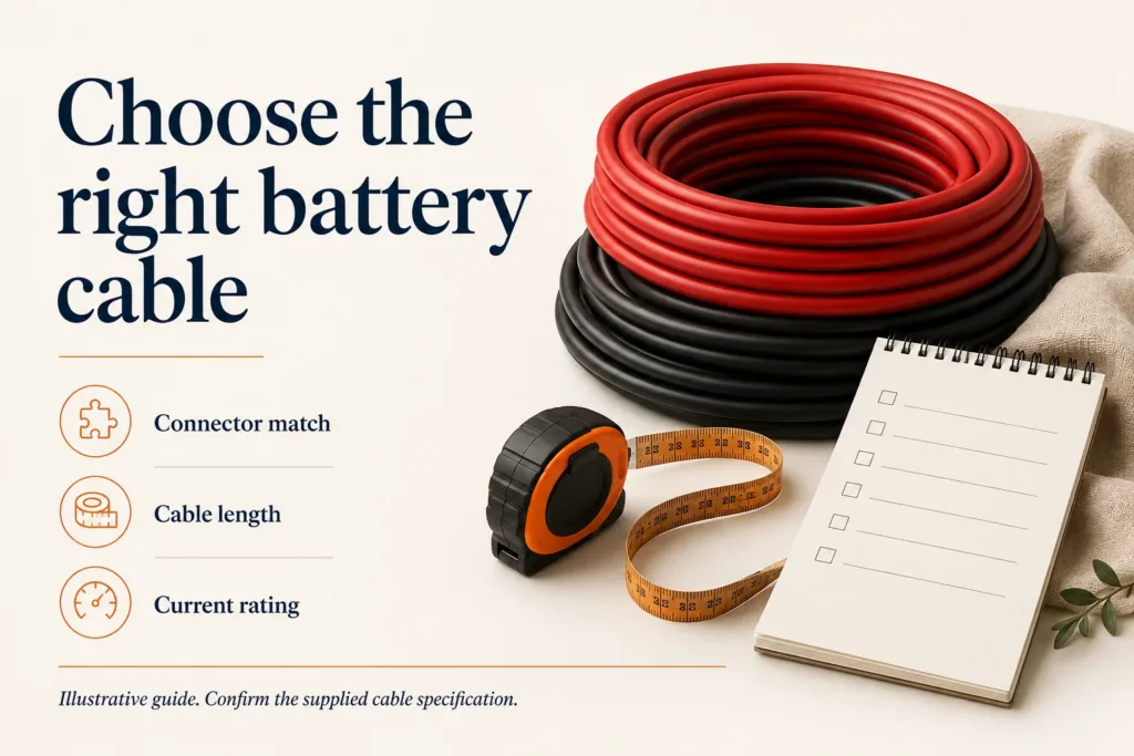 Illustrated battery cable selection checklist covering connector match, cable length and current rating.