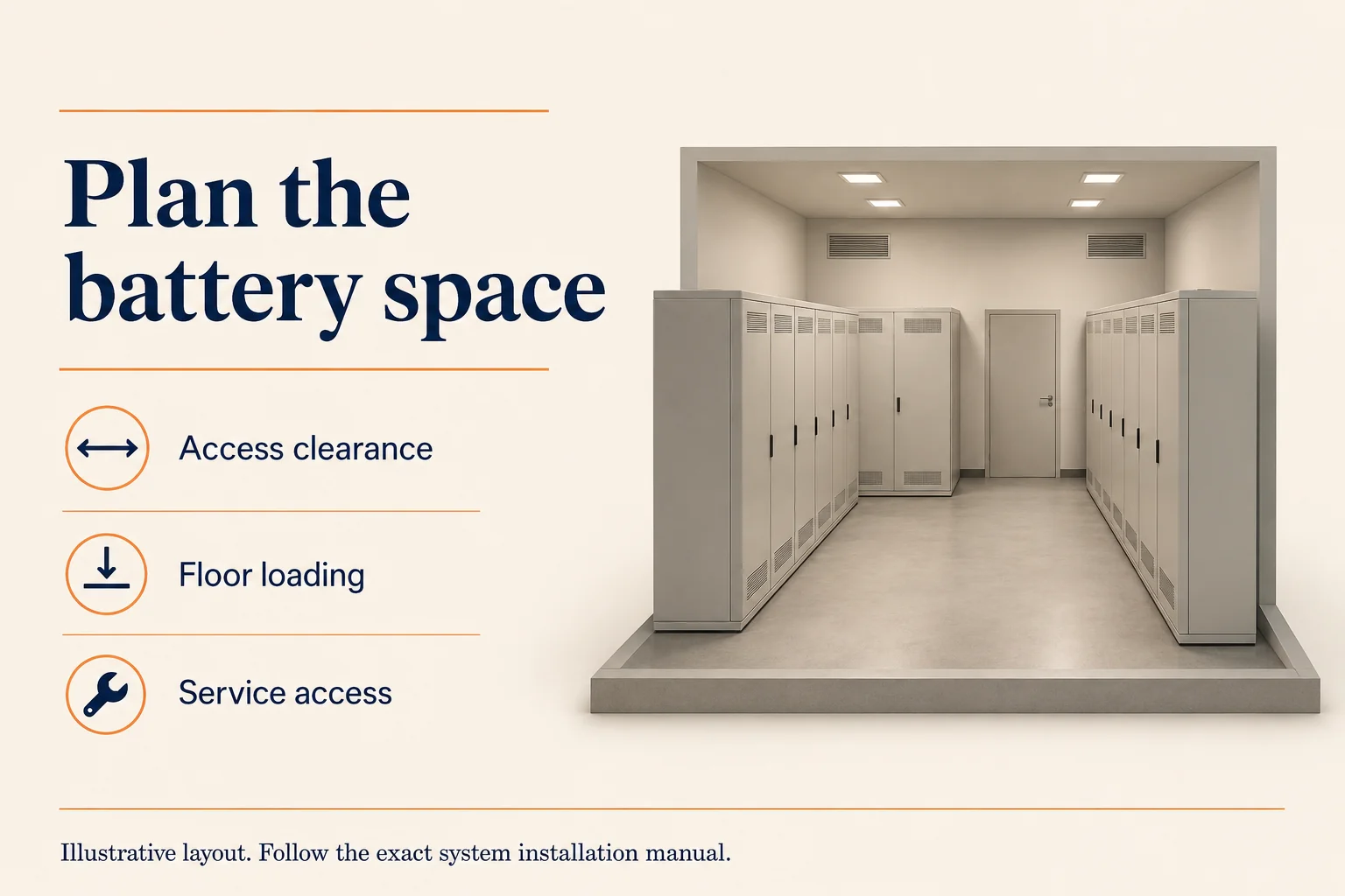 Illustrated equipment area for battery access and installation planning.