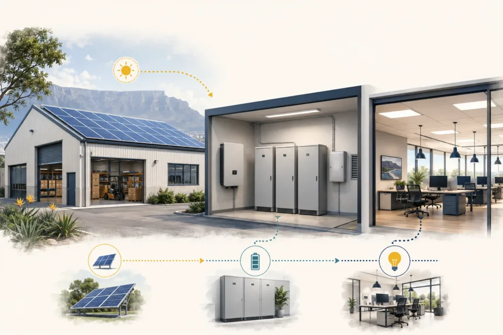 Illustrated warehouse with roof solar, generic closed energy cabinets and an office.