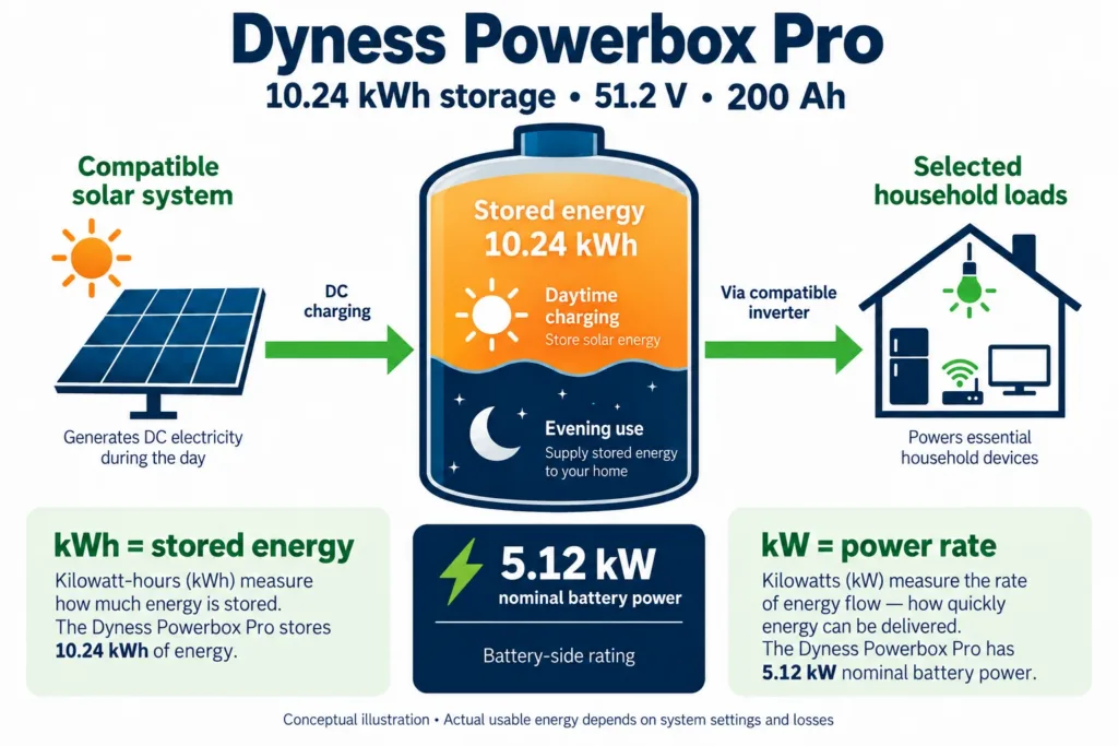 Dyness Powerbox Pro 10.24kWh Battery model-specific ratings and system concept illustration