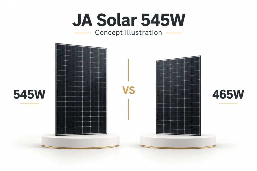 JA Solar 545W selection or construction concept; generated illustration, not a model drawing or wiring instruction.