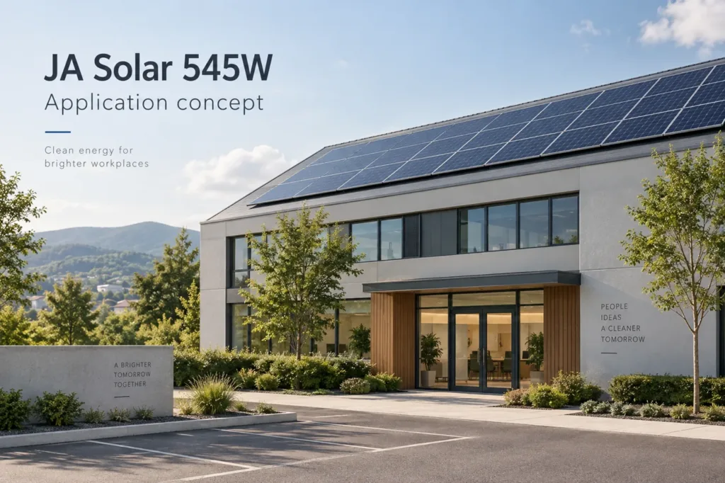 JA Solar 545W application concept with generic modules; generated illustration, not an installed-project photograph.