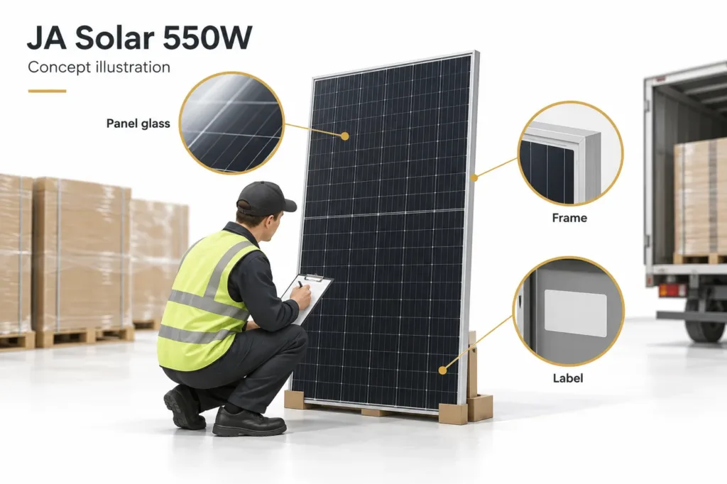 JA Solar 550W selection or construction concept; generated illustration, not a model drawing or wiring instruction.