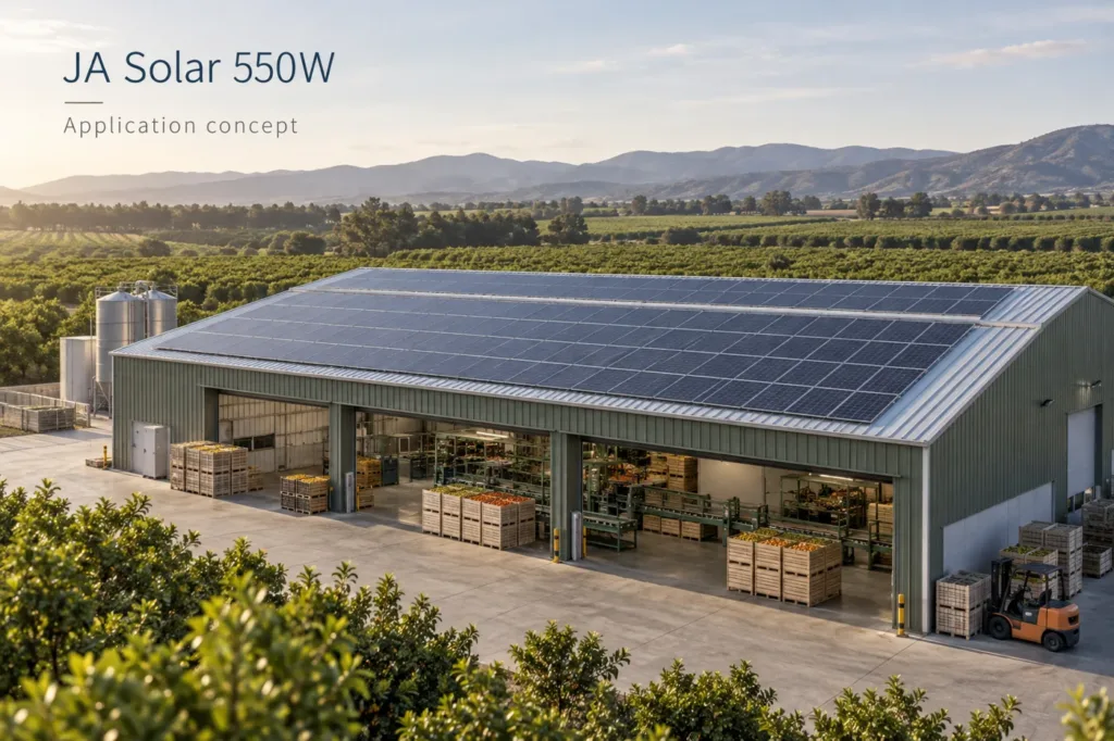 JA Solar 550W application concept with generic modules; generated illustration, not an installed-project photograph.