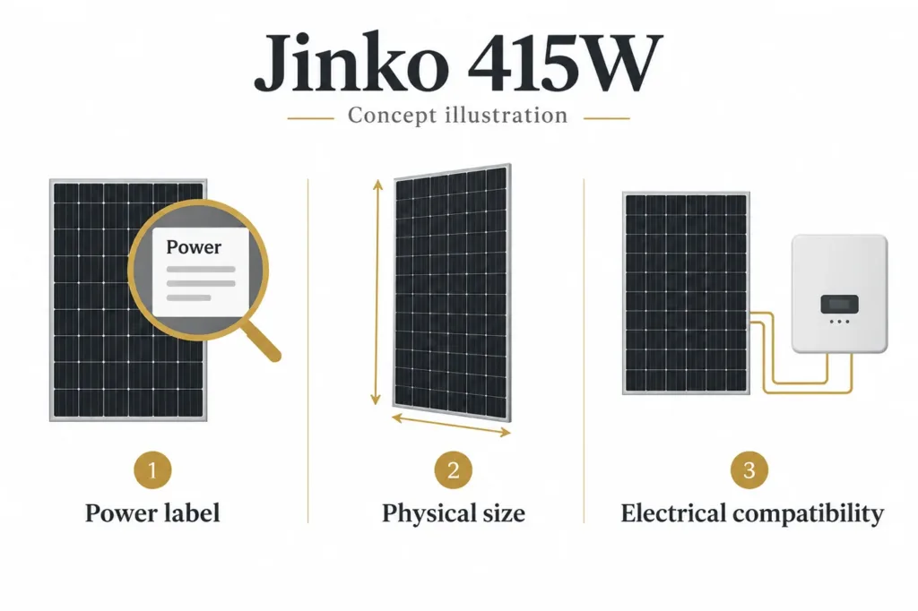 Jinko 415W selection or construction concept; generated illustration, not a model drawing or wiring instruction.