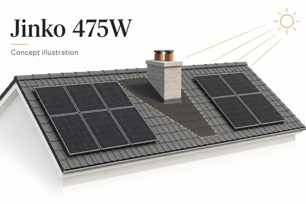Jinko 475W selection or construction concept; generated illustration, not a model drawing or wiring instruction.