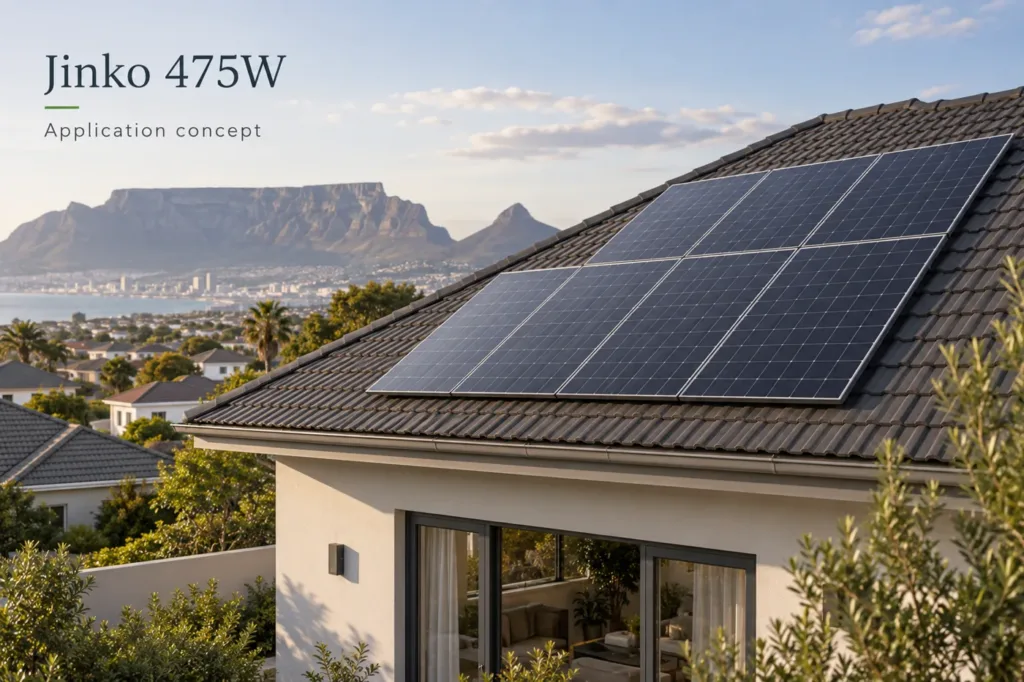 Jinko 475W application concept with generic modules; generated illustration, not an installed-project photograph.