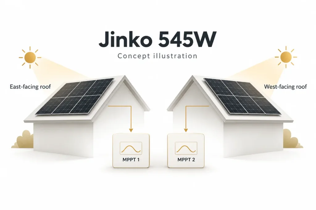Jinko 545W selection or construction concept; generated illustration, not a model drawing or wiring instruction.