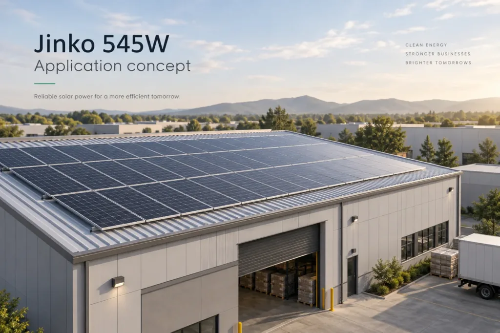 Jinko 545W application concept with generic modules; generated illustration, not an installed-project photograph.