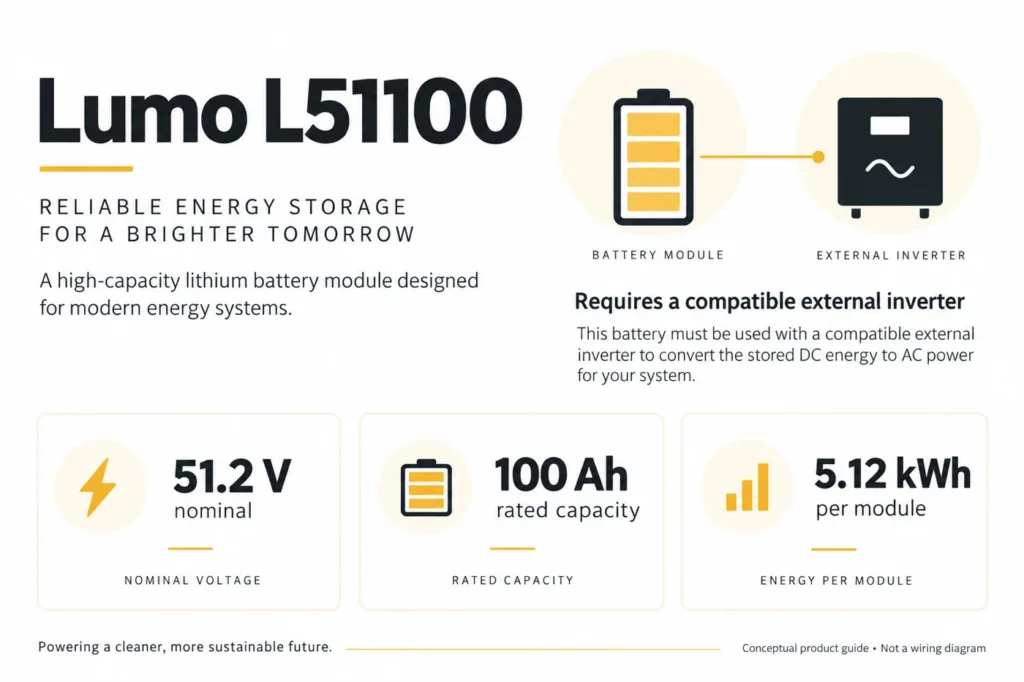 Lumo L51100 nominal ratings per module: 51.2V, 100Ah and 5.12kWh. Conceptual system illustration.