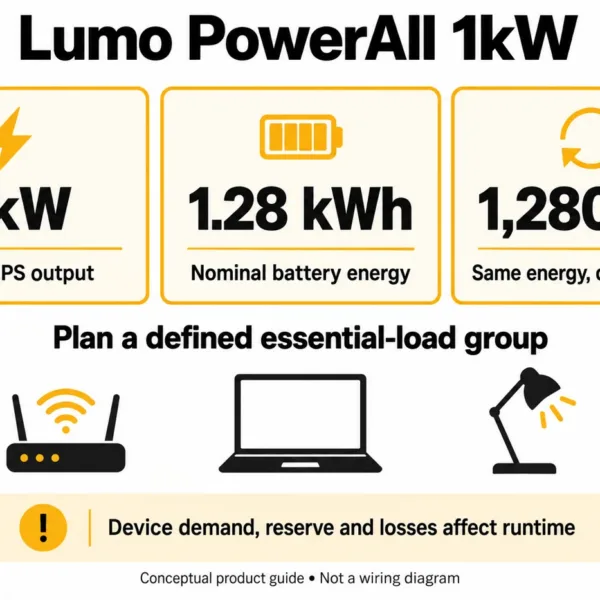 Lumo PowerAll 1kW and 1.28kWh model guide; conceptual illustration, not a product photograph.