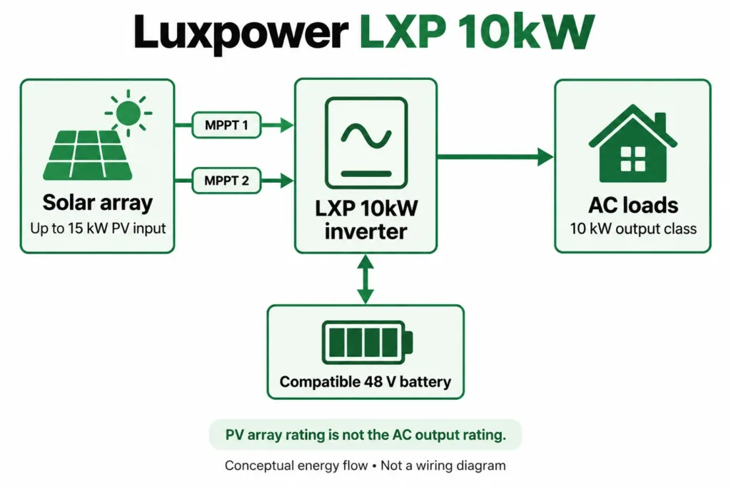 LXP 10kW conceptual energy flow: two MPPT inputs, up to 15kW PV input and 10kW output class; not a wiring diagram.