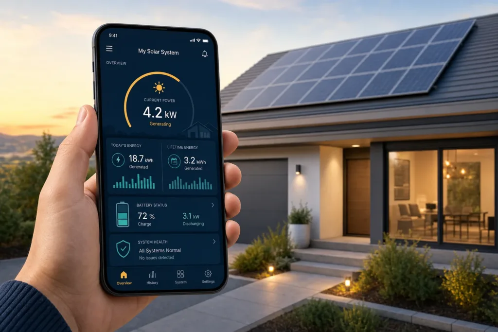 Illustrative mobile solar monitoring dashboard beside a South African-style home