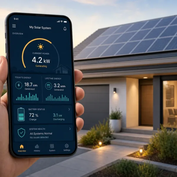 Illustrative mobile solar monitoring dashboard beside a South African-style home