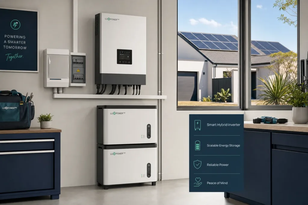 Illustrative indoor solar installation with a wall-mounted inverter, battery storage and rooftop panels