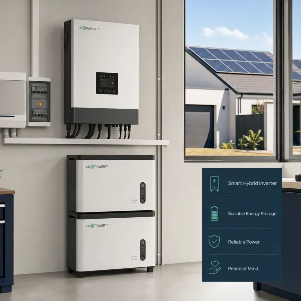 Illustrative indoor solar installation with a wall-mounted inverter, battery storage and rooftop panels