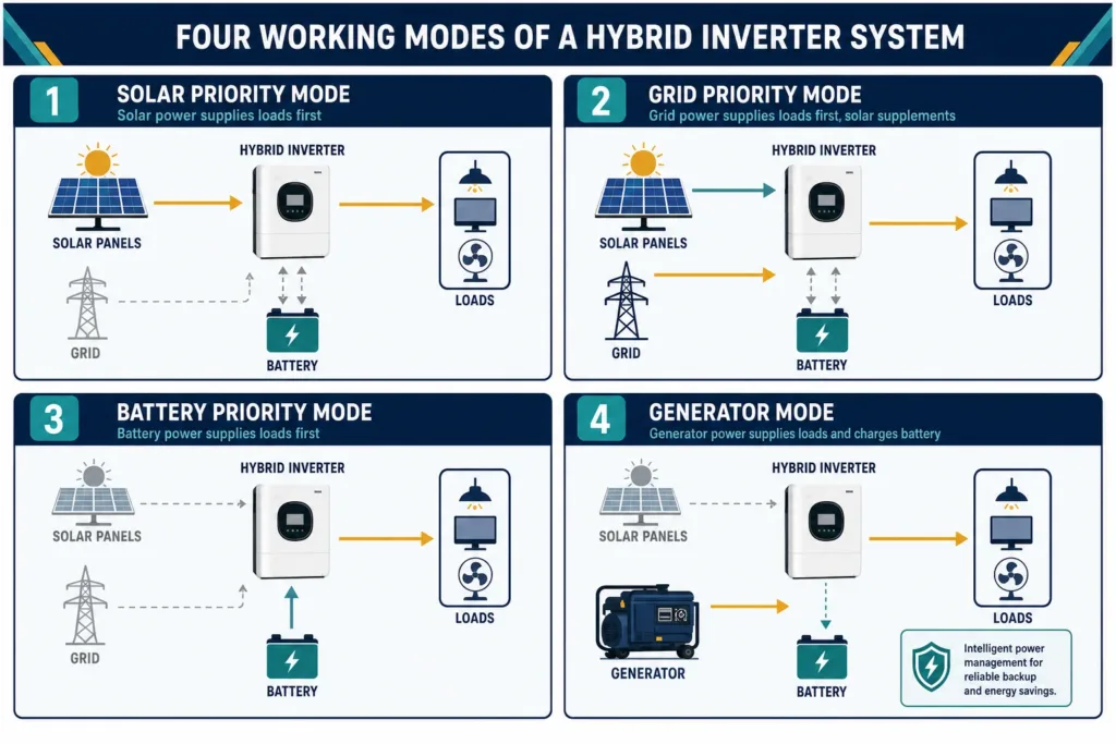 Diagram showing solar-priority, grid-priority, battery-priority and generator operating modes