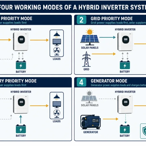 Diagram showing solar-priority, grid-priority, battery-priority and generator operating modes