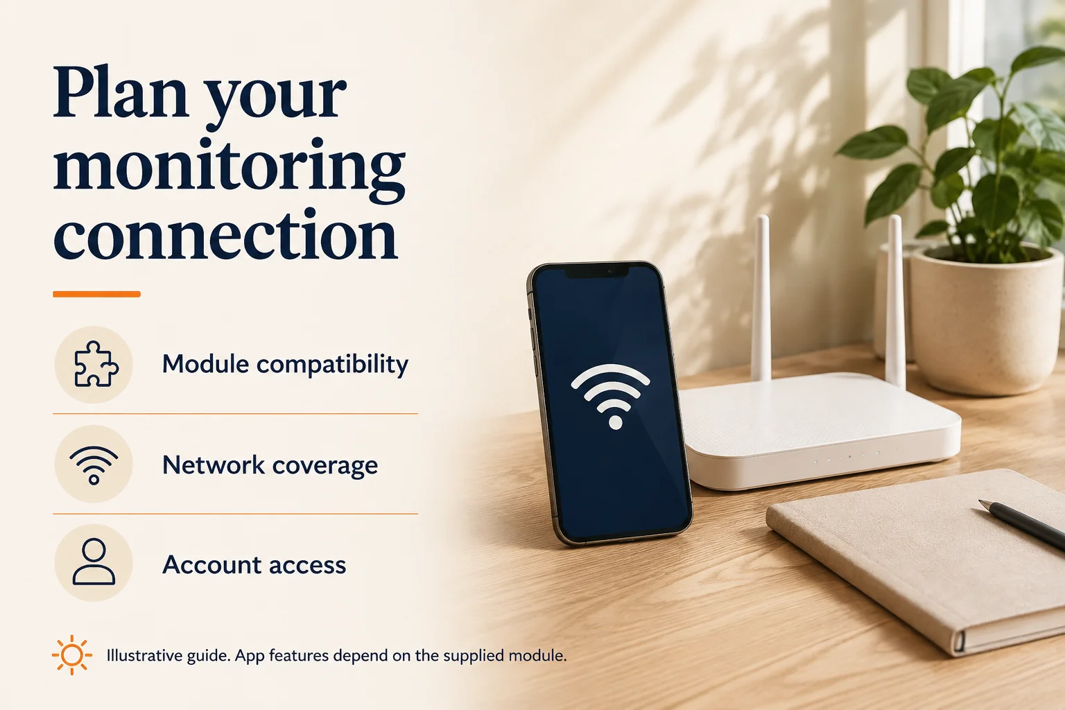Illustrated phone and router for planning monitoring compatibility and network access.