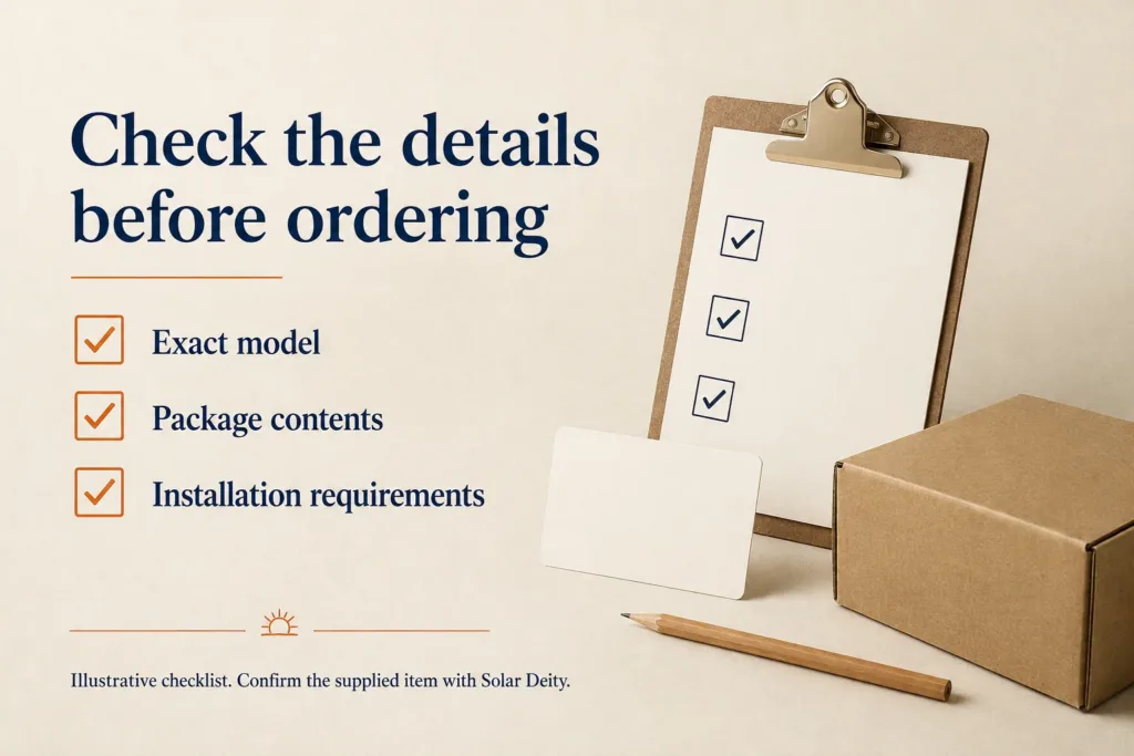 Illustrated checklist for exact model, package contents and installation requirements.