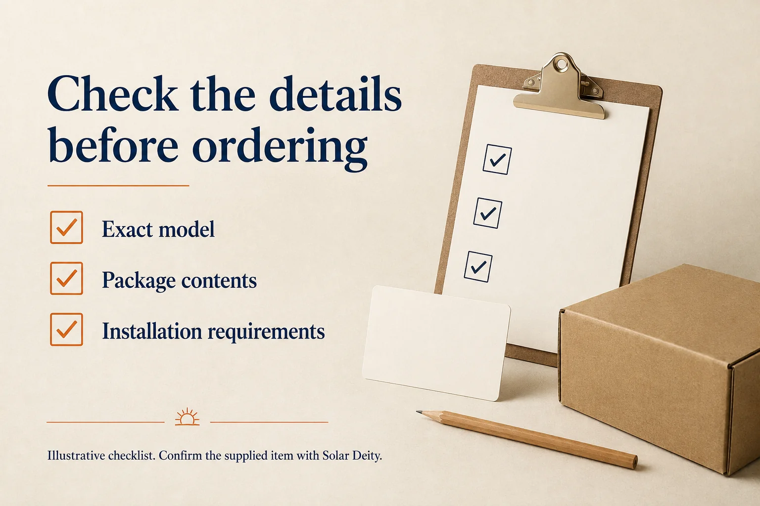 Illustrated checklist for confirming model, package contents and installation requirements.