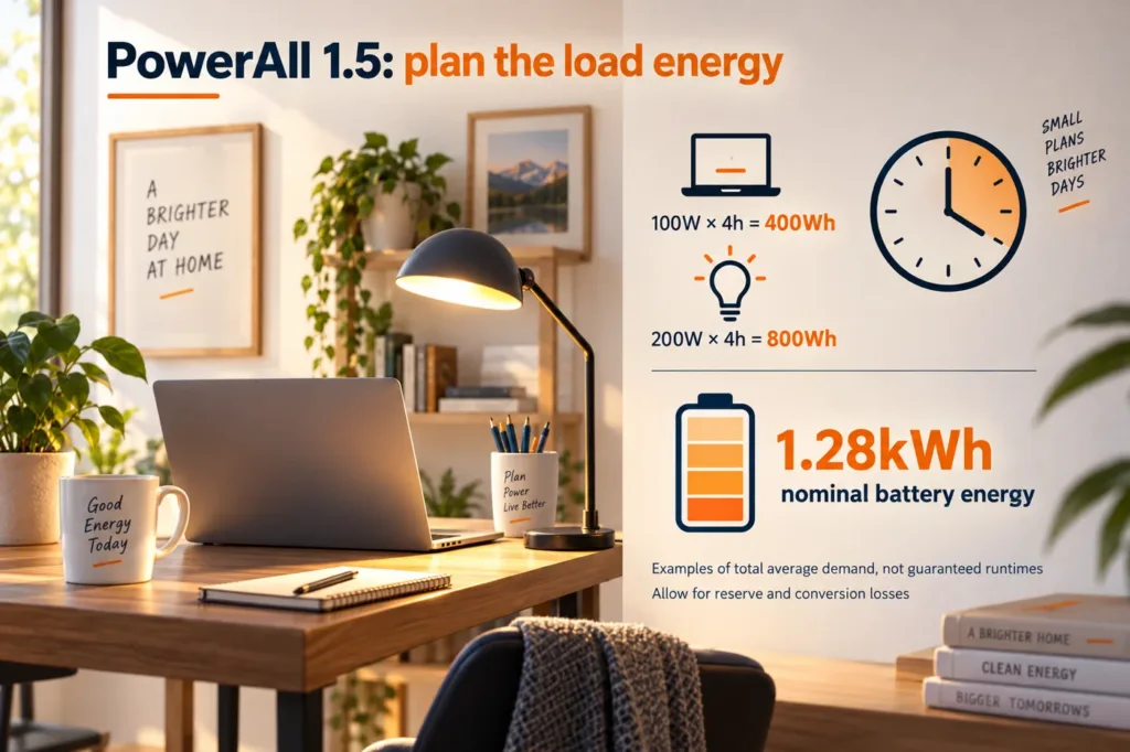 Illustrative total-demand energy calculations for PowerAll 1.5. Appliance icons are not measured ratings and the examples are not guaranteed runtimes.