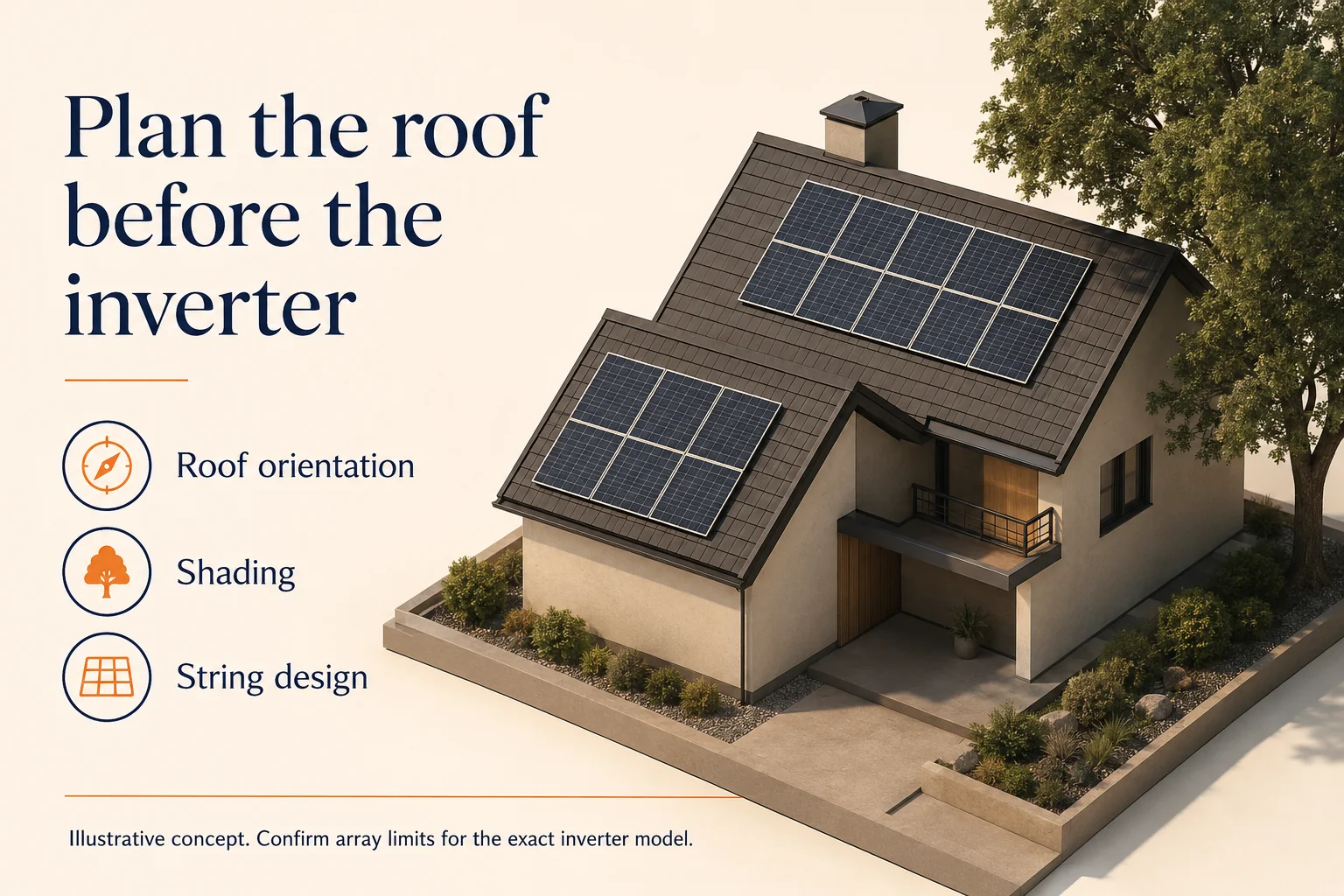 Illustrated solar roof showing orientation, shading and array planning topics.