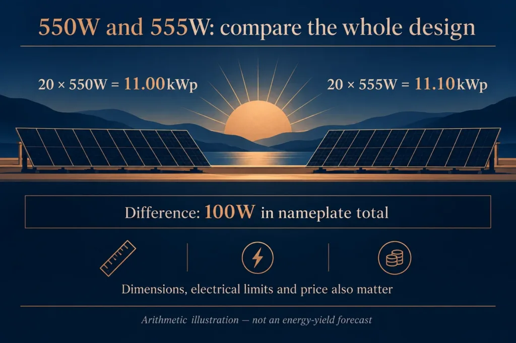 Twenty-panel 550W versus 555W rated-power comparison; the 100W difference is arithmetic, not a generation guarantee.