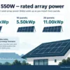Jinko 550W nameplate-array calculations; illustrative panel shapes and no daily-energy forecast.
