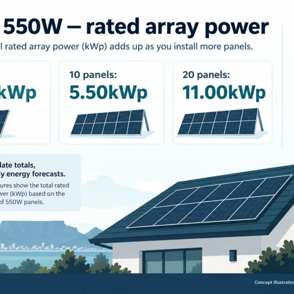 Jinko 550W nameplate-array calculations; illustrative panel shapes and no daily-energy forecast.