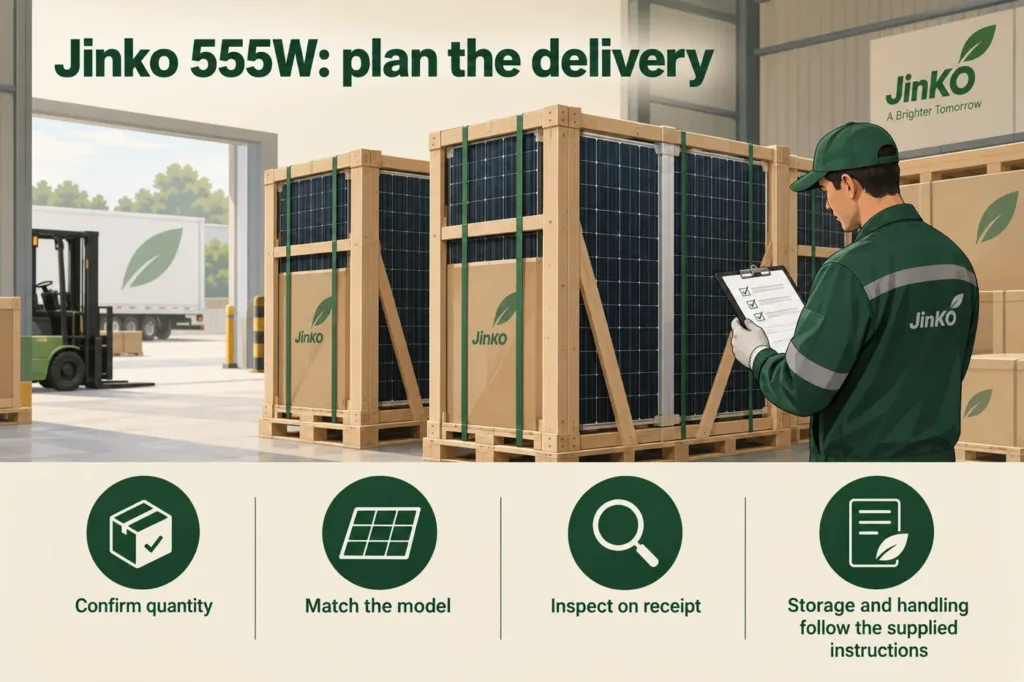 AI-generated Jinko 555W receiving illustration, not a manufacturer warehouse or an actual shipment. Packaging, staff and quantities are illustrative.