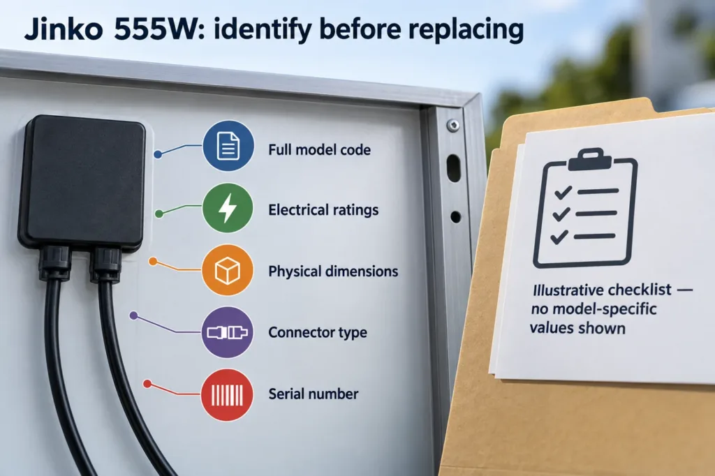 Jinko 555W identification checklist illustrated with a generic panel back; no model-specific label or connector specification is depicted.