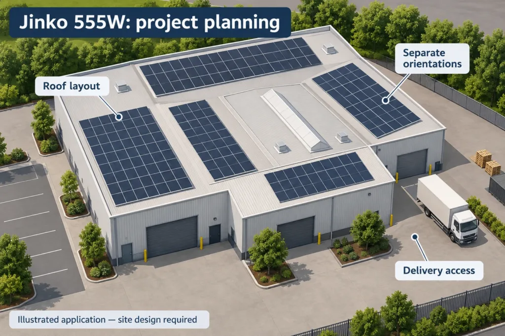 Illustrated multi-area roof planning for a Jinko 555W project; not a completed installation.