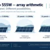 Jinko 555W panel-count arithmetic. Symbolic arrays do not specify string design, packing quantity or forecast generation.