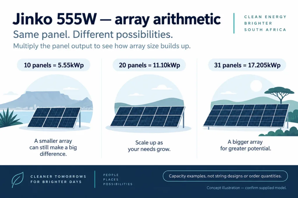 Jinko 555W panel-count arithmetic. Symbolic arrays do not specify string design, packing quantity or forecast generation.