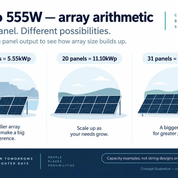 Jinko 555W panel-count arithmetic. Symbolic arrays do not specify string design, packing quantity or forecast generation.