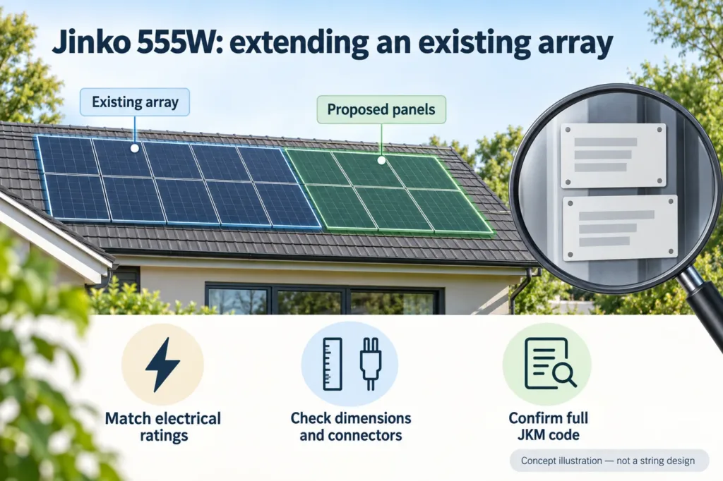 Illustrative Jinko 555W array-extension assessment; not a string design or a photograph of the supplied model.