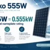 Jinko 555W power-class illustration. Generic panel silhouette; full JKM model determines physical and electrical details.