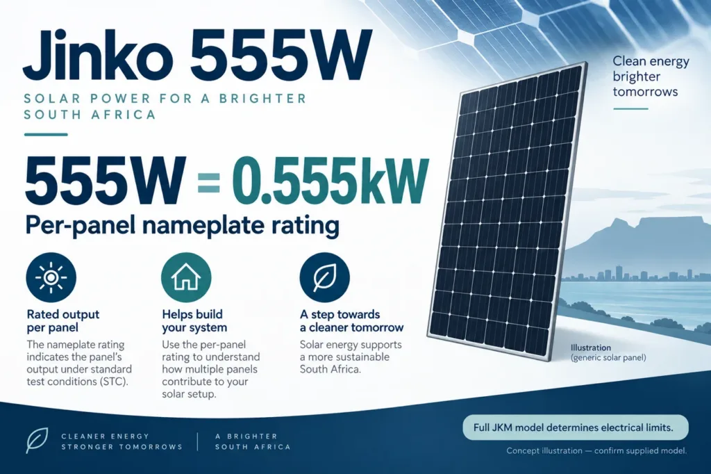 Jinko 555W power-class illustration. Generic panel silhouette; full JKM model determines physical and electrical details.