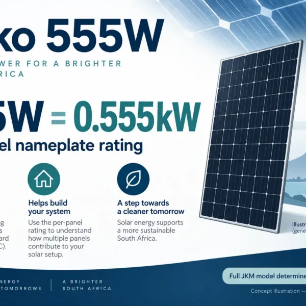 Jinko 555W power-class illustration. Generic panel silhouette; full JKM model determines physical and electrical details.