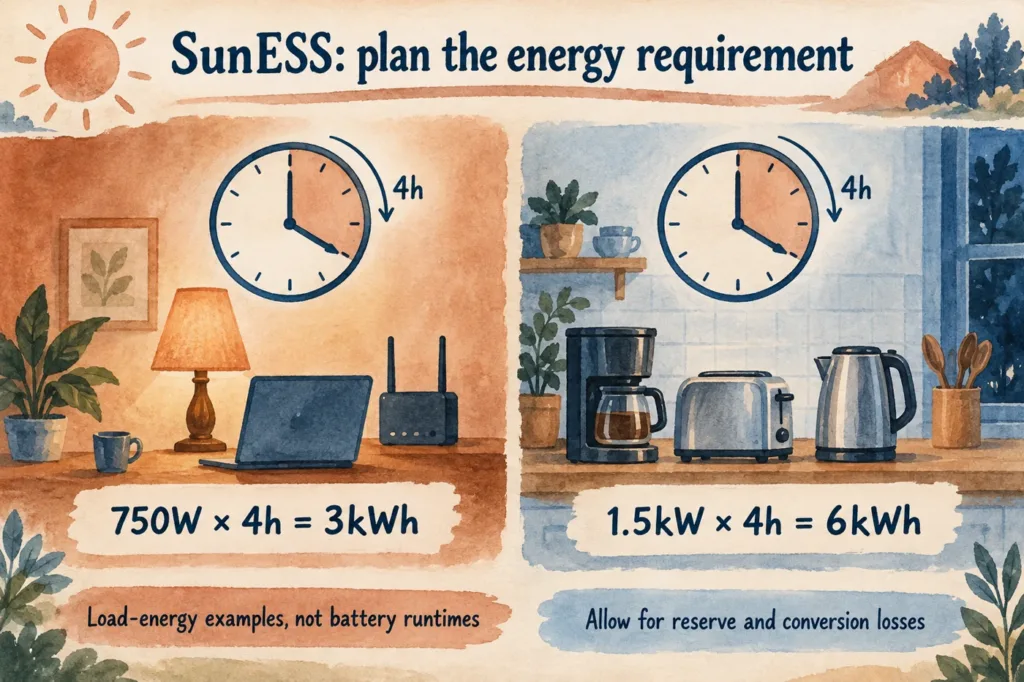 SunESS load-energy planning examples. Appliance scenes are illustrative; the displayed totals are assumed average demand, not measured appliance ratings or battery runtimes.