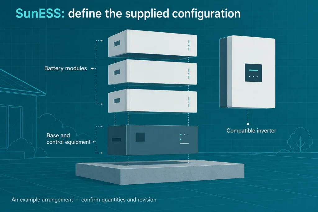 Conceptual SunESS component schedule, not an assembly instruction or exact enclosure design.