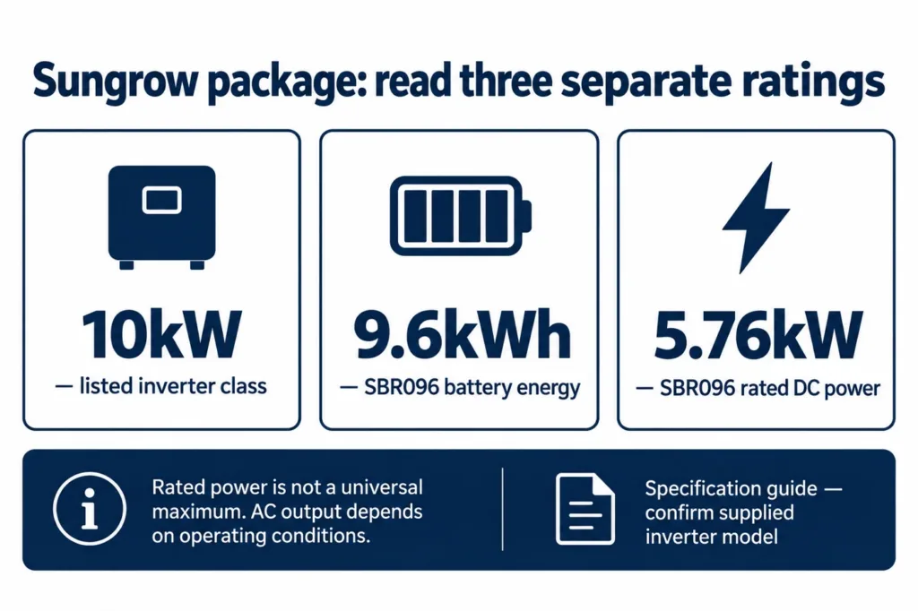 Sungrow package ratings: inverter class, SBR096 energy and rated battery DC power are separate quantities.