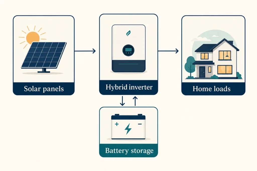 Conceptual energy flow: solar panels feed a hybrid inverter, the inverter supplies home loads, and a two-way connection links battery storage.