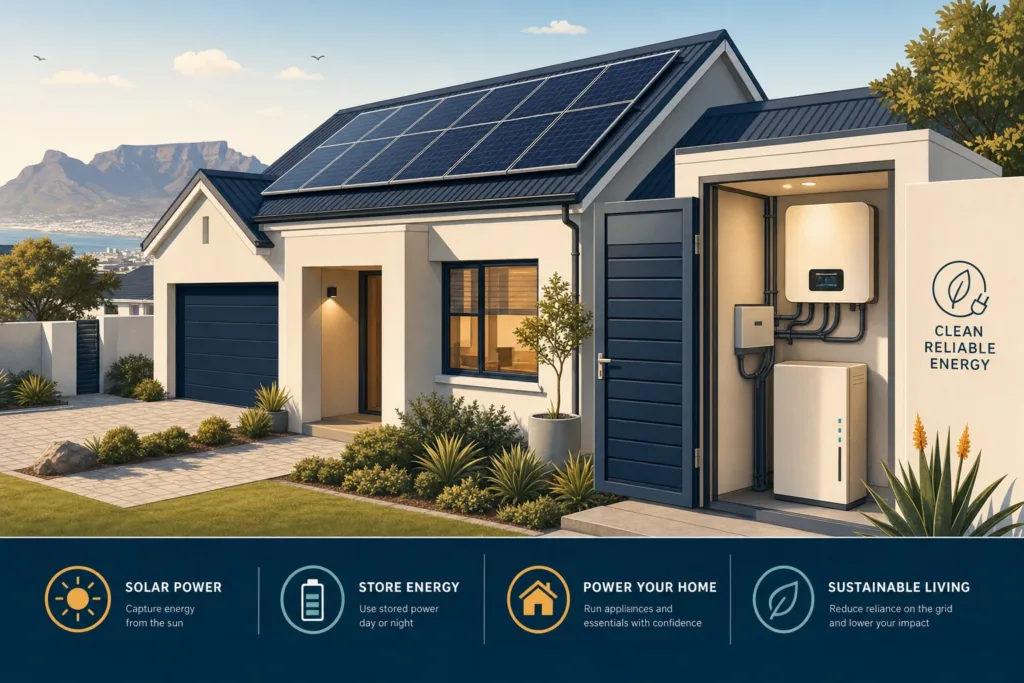 Conceptual South African home with rooftop solar and a generic inverter and battery equipment area.