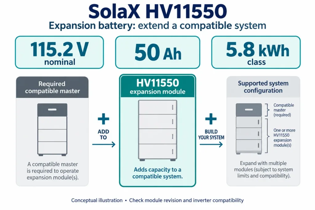 SolaX HV11550 5.8kWh Expansion Battery model-specific ratings and system concept illustration
