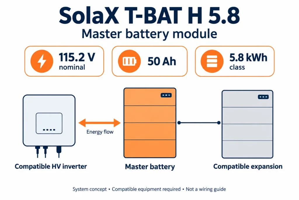 SolaX T-BAT H 5.8 Master Battery model-specific ratings and system concept illustration