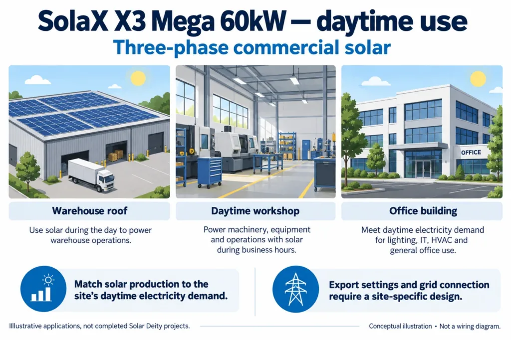 Illustrated commercial daytime-use cases for an X3 Mega 60kW system; not photographs of completed projects. Generation and export depend on the site.