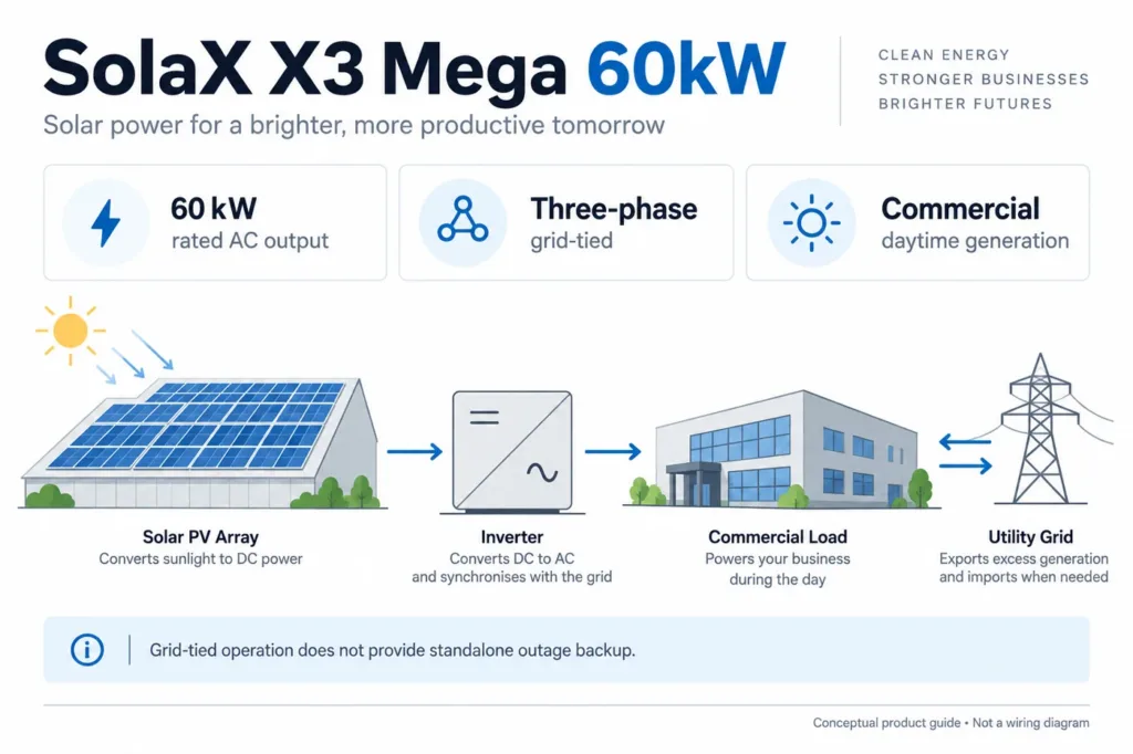 SolaX X3 Mega 60kW grid-tied commercial-generation concept. Grid arrows do not imply automatic export permission or backup operation.